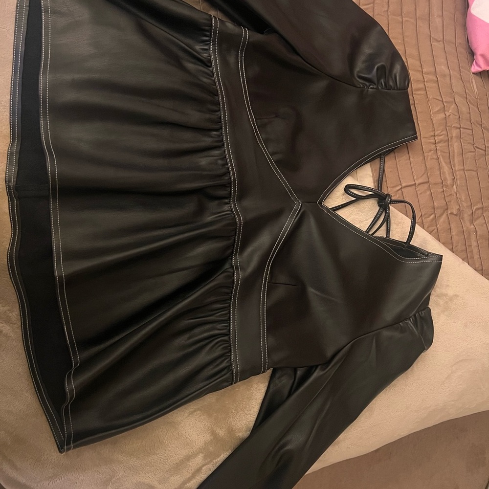 Black Faux Leather Peplum Top